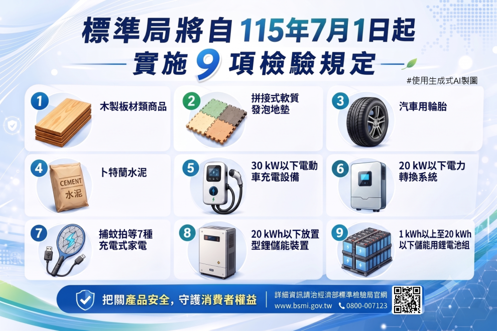 標準局將自115年7月1日起實施「電動車充電設備」等9項商品檢驗規定 強化商品安全